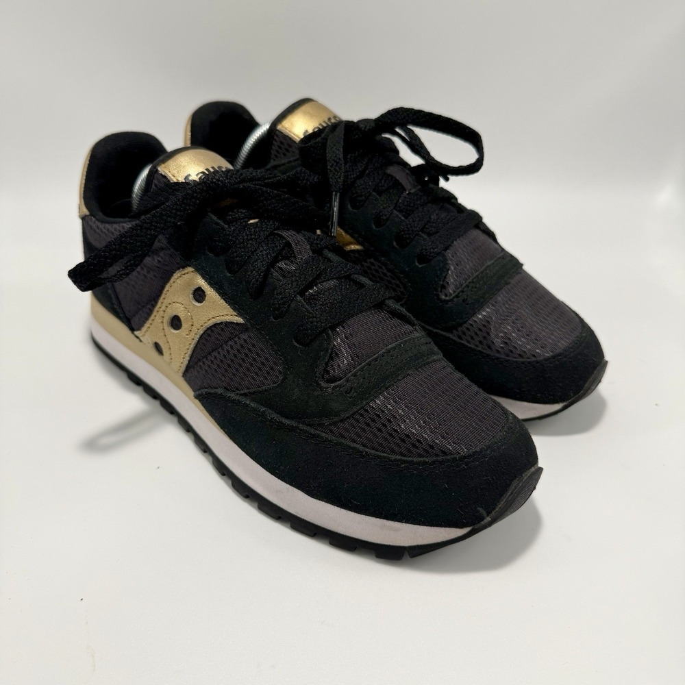 Saucony Jazz Black Gold Athletic Sneaker Lace Up Suede Mesh Low Top Women's 7.5